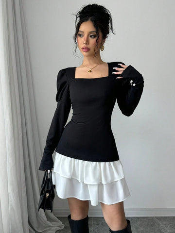 Elegant Puff Sleeve Palace Style Top And Layered Skirt Two Piece Set