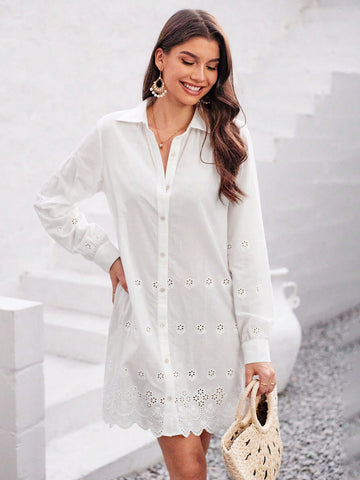 Embroidered Long Sleeve Shirt Dress