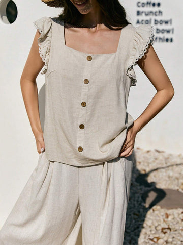 Frenchy Exquisite Linen Texture With Excellent Minimalist Shap Ruffle Trim Square Collar Little Butterfly Sleeve Blouse