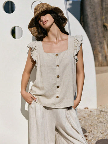 Frenchy Exquisite Linen Texture With Excellent Minimalist Shap Ruffle Trim Square Collar Little Butterfly Sleeve Blouse