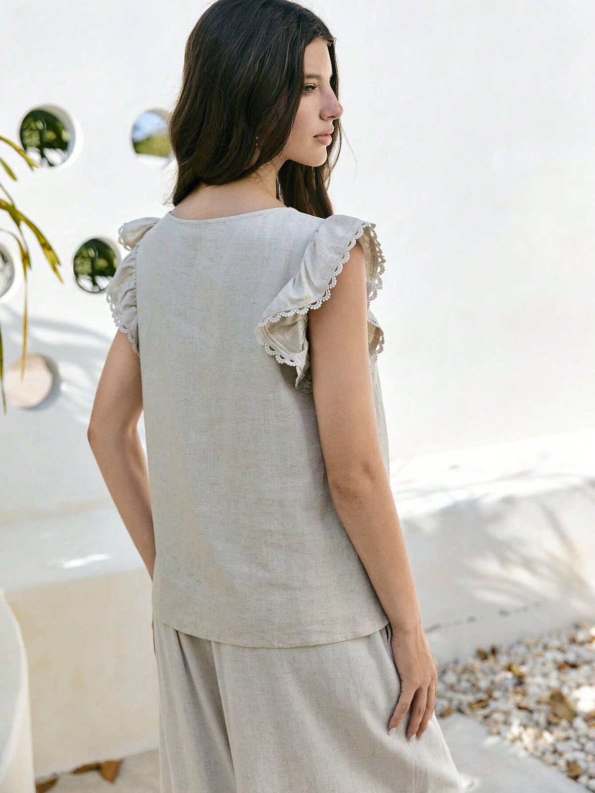 Frenchy Exquisite Linen Texture With Excellent Minimalist Shap Ruffle Trim Square Collar Little Butterfly Sleeve Blouse