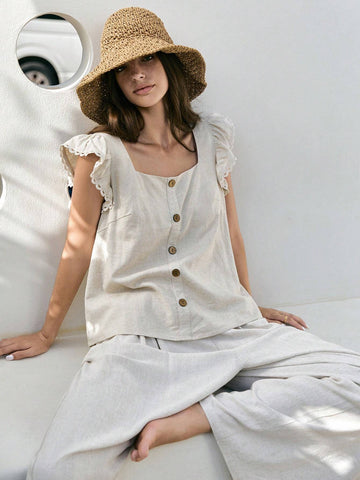 Frenchy Exquisite Linen Texture With Excellent Minimalist Shap Ruffle Trim Square Collar Little Butterfly Sleeve Blouse
