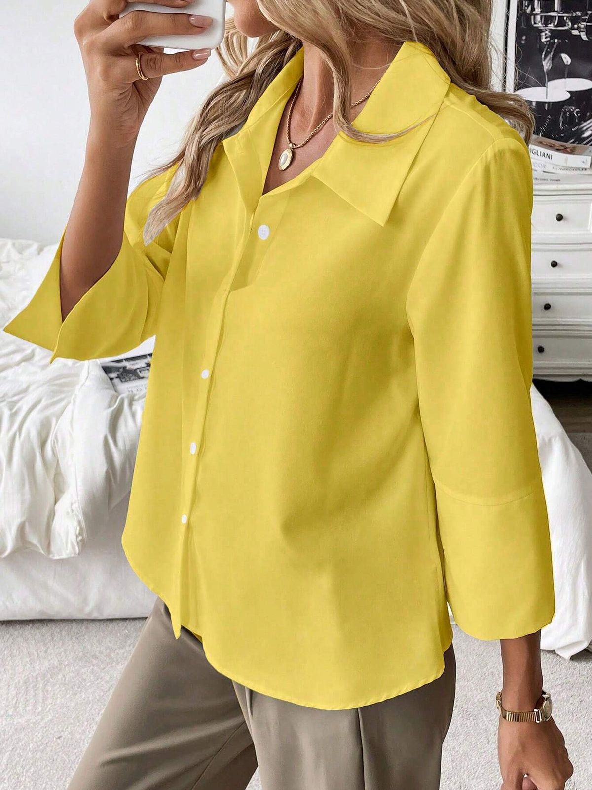 Frenchy FRENCHY White Loose-Fit Casual Long Sleeve Shirt, Teacher Shirt