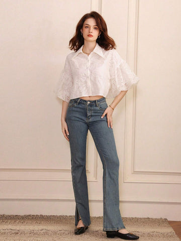 Frenchy Fashionable Jacquard Fabric Puff Sleeve A-Line Short Women's Shirt For Summer