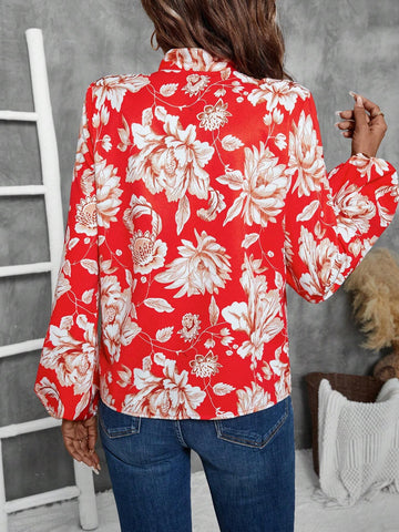 Frenchy Floral All-Over Print Lantern Sleeve Tie Neck Shirt, Spring Autumn