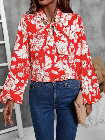 Frenchy Floral All-Over Print Lantern Sleeve Tie Neck Shirt, Spring Autumn