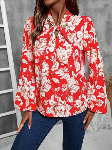 Frenchy Floral All-Over Print Lantern Sleeve Tie Neck Shirt, Spring Autumn