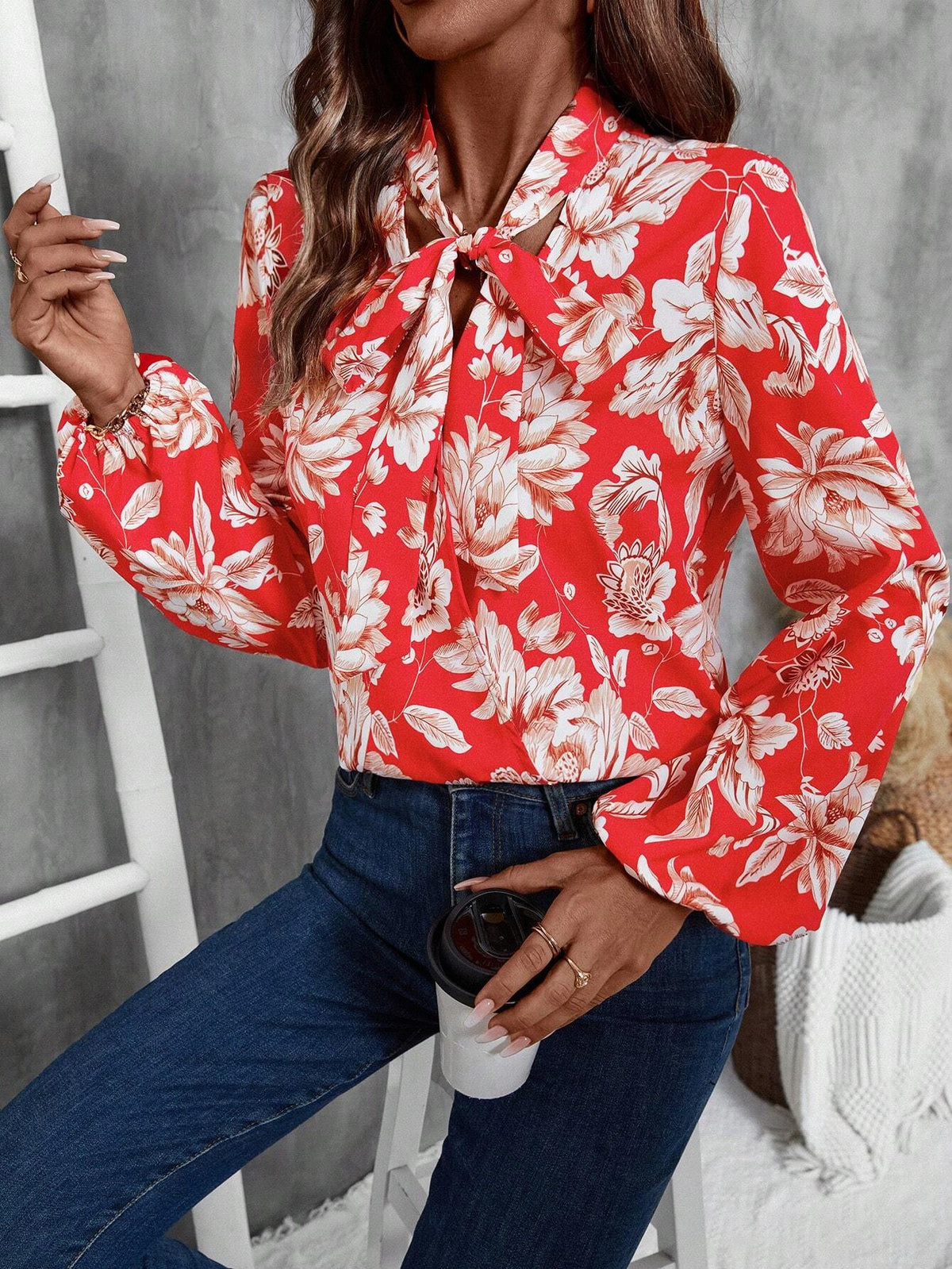 Frenchy Floral All-Over Print Lantern Sleeve Tie Neck Shirt, Spring Autumn