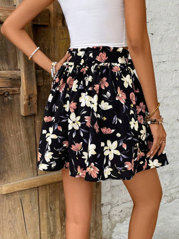 Frenchy Floral Flowers Print Mini Skirt,Short Skirt,Summer Women Skirtes,Bow-Tie Waist Skirt