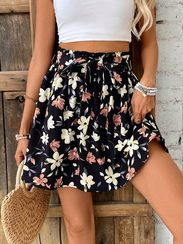 Frenchy Floral Flowers Print Mini Skirt,Short Skirt,Summer Women Skirtes,Bow-Tie Waist Skirt