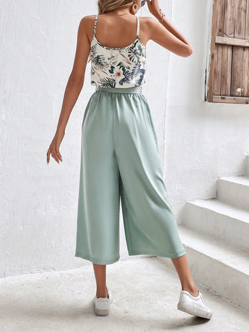 Floral Print Cami Top & Belted Wide Leg Pants