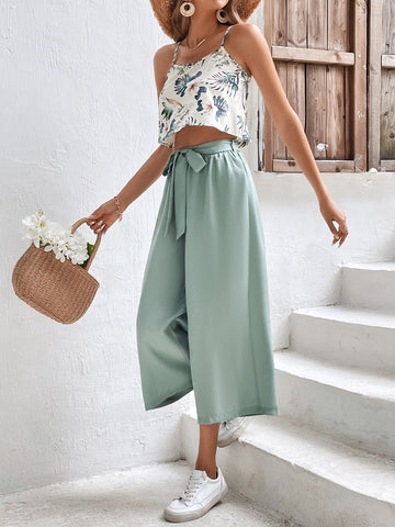Floral Print Cami Top & Belted Wide Leg Pants