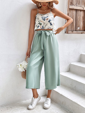 Floral Print Cami Top & Belted Wide Leg Pants