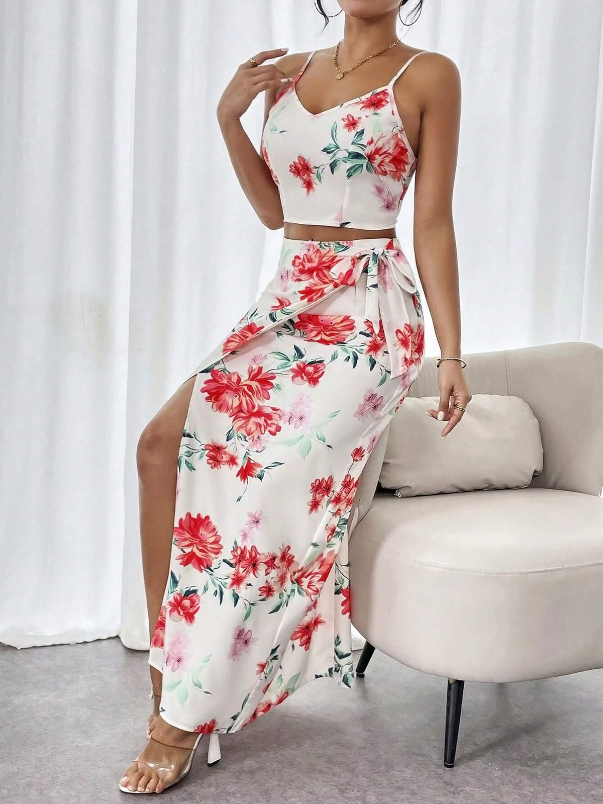 Floral Print Cami Top & Side Lace-Up High Slit Skirt