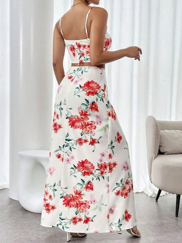Floral Print Cami Top & Side Lace-Up High Slit Skirt