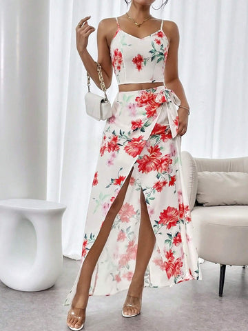 Floral Print Cami Top & Side Lace-Up High Slit Skirt