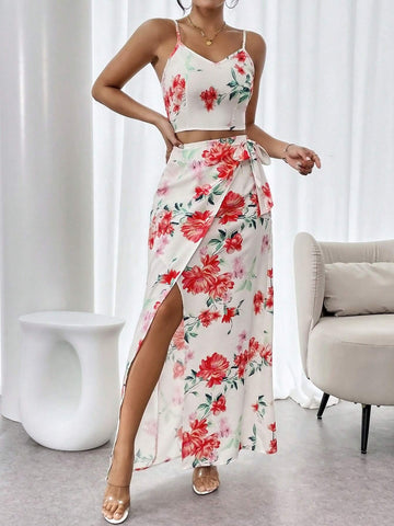 Floral Print Cami Top & Side Lace-Up High Slit Skirt