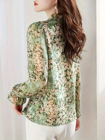 Frenchy Floral Print Frill Trimmed Long Sleeve Shirt