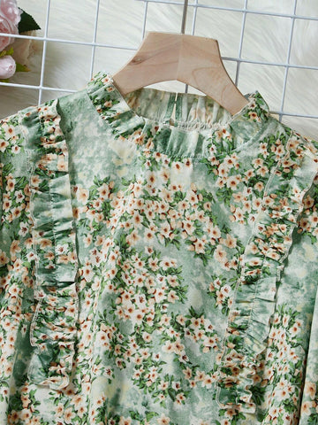 Frenchy Floral Print Frill Trimmed Long Sleeve Shirt