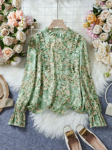 Frenchy Floral Print Frill Trimmed Long Sleeve Shirt