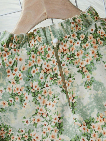 Frenchy Floral Print Frill Trimmed Long Sleeve Shirt