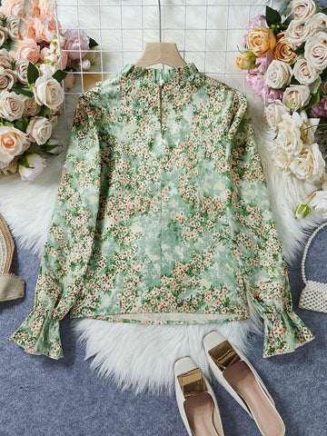 Frenchy Floral Print Frill Trimmed Long Sleeve Shirt