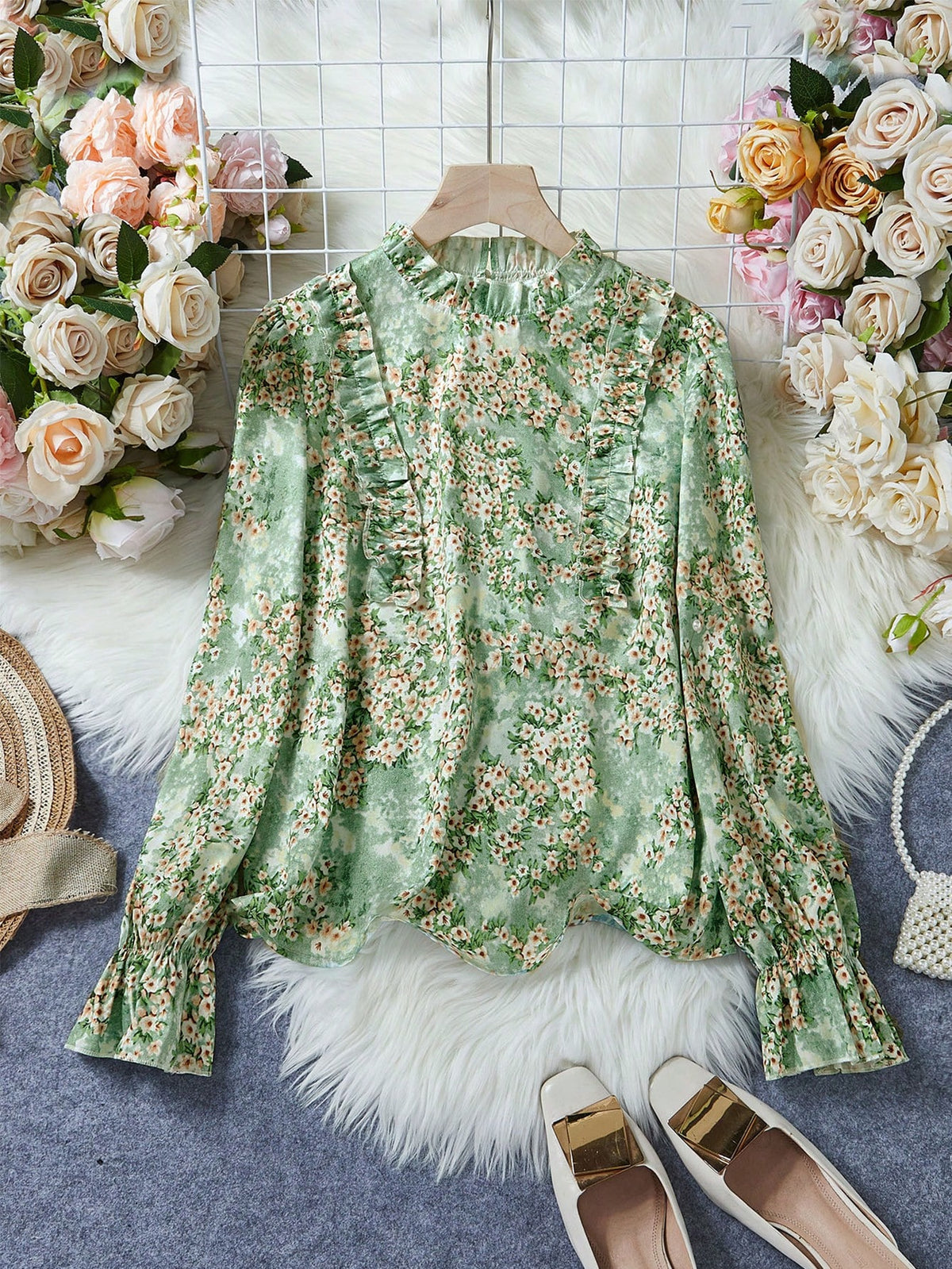 Frenchy Floral Print Frill Trimmed Long Sleeve Shirt