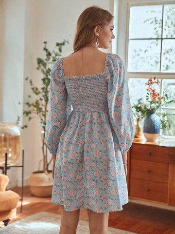 Floral Print Lantern Sleeve Square Neckline Dress