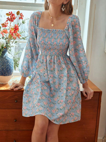 Floral Print Lantern Sleeve Square Neckline Dress