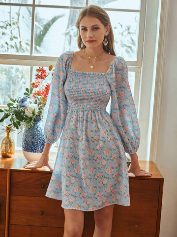 Floral Print Lantern Sleeve Square Neckline Dress