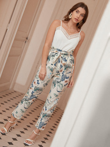 Frenchy Floral Print Paperbag Belted Pants