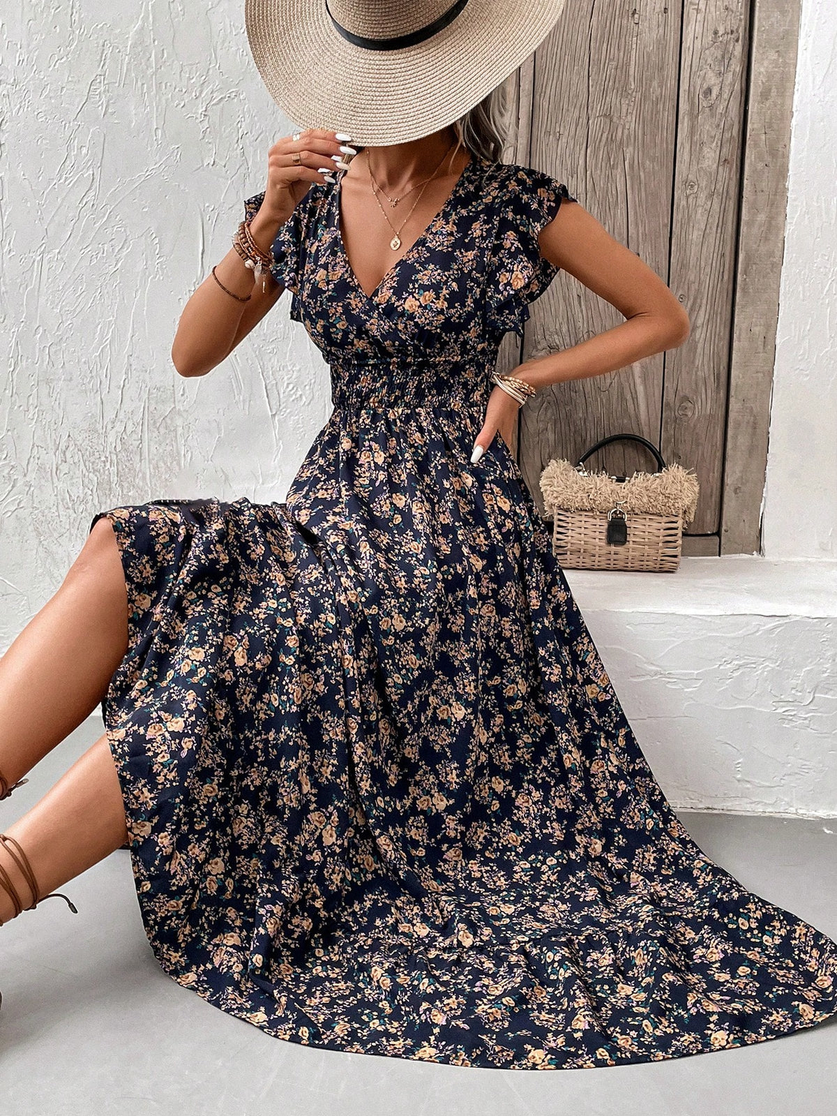 Floral Print Ruffle Hem Wrap Waist Mini Dress