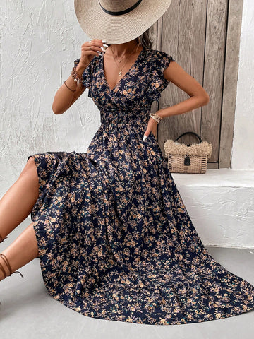 Floral Print Ruffle Hem Wrap Waist Mini Dress