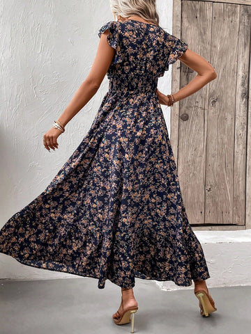 Floral Print Ruffle Hem Wrap Waist Mini Dress