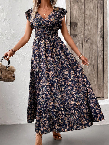 Floral Print Ruffle Hem Wrap Waist Mini Dress