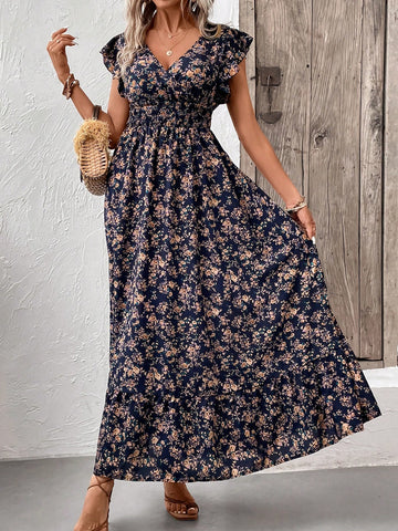 Floral Print Ruffle Hem Wrap Waist Mini Dress