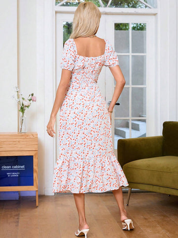 Floral Print Short Sleeve Side Slit Maxi Dress For Women