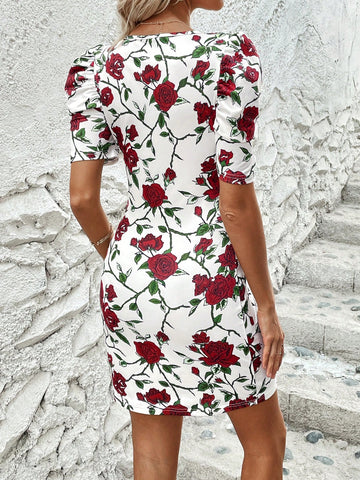 Floral Print Sweetheart Neckline Short Puff Sleeve Women's Dress