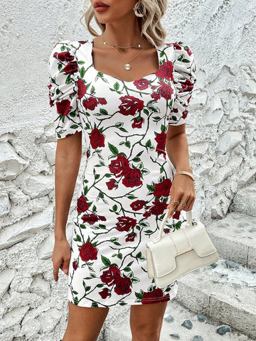 Floral Print Sweetheart Neckline Short Puff Sleeve Women's Dress