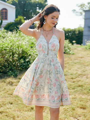Floral Printed Halter Backless Dress