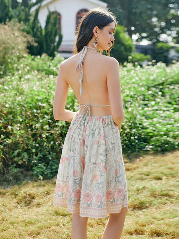 Floral Printed Halter Backless Dress