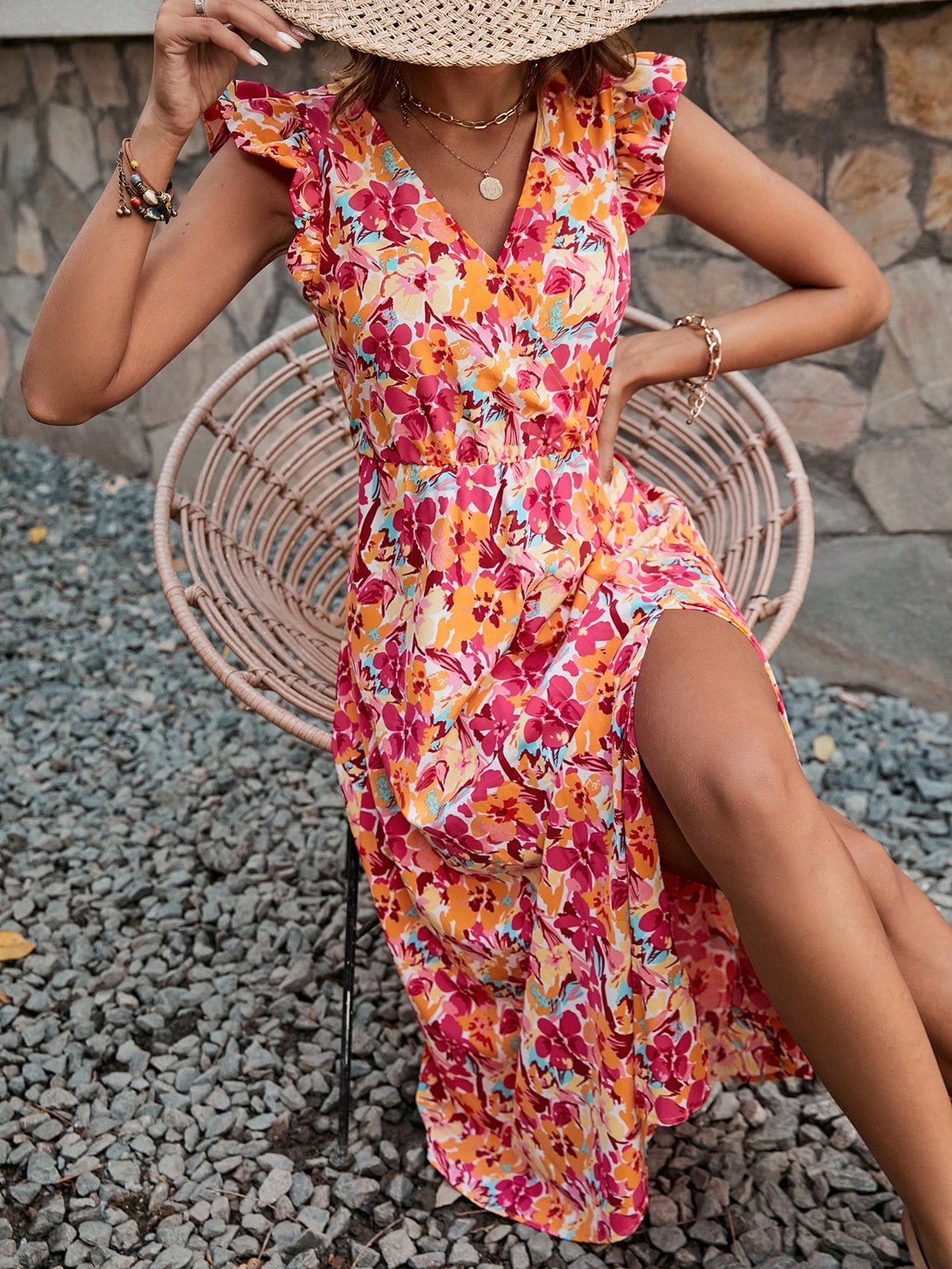 Frenchy Floral V-Neck Lotus Leaf Border Dress With Decorative Border