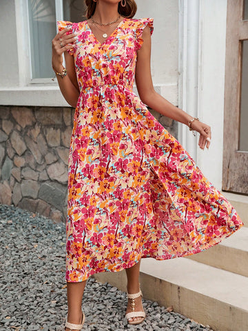 Frenchy Floral V-Neck Lotus Leaf Border Dress With Decorative Border