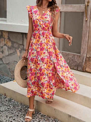 Frenchy Floral V-Neck Lotus Leaf Border Dress With Decorative Border