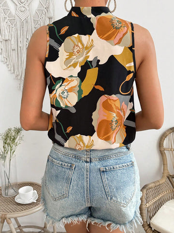 Flower Print Patchwork Wrap Bodysuit