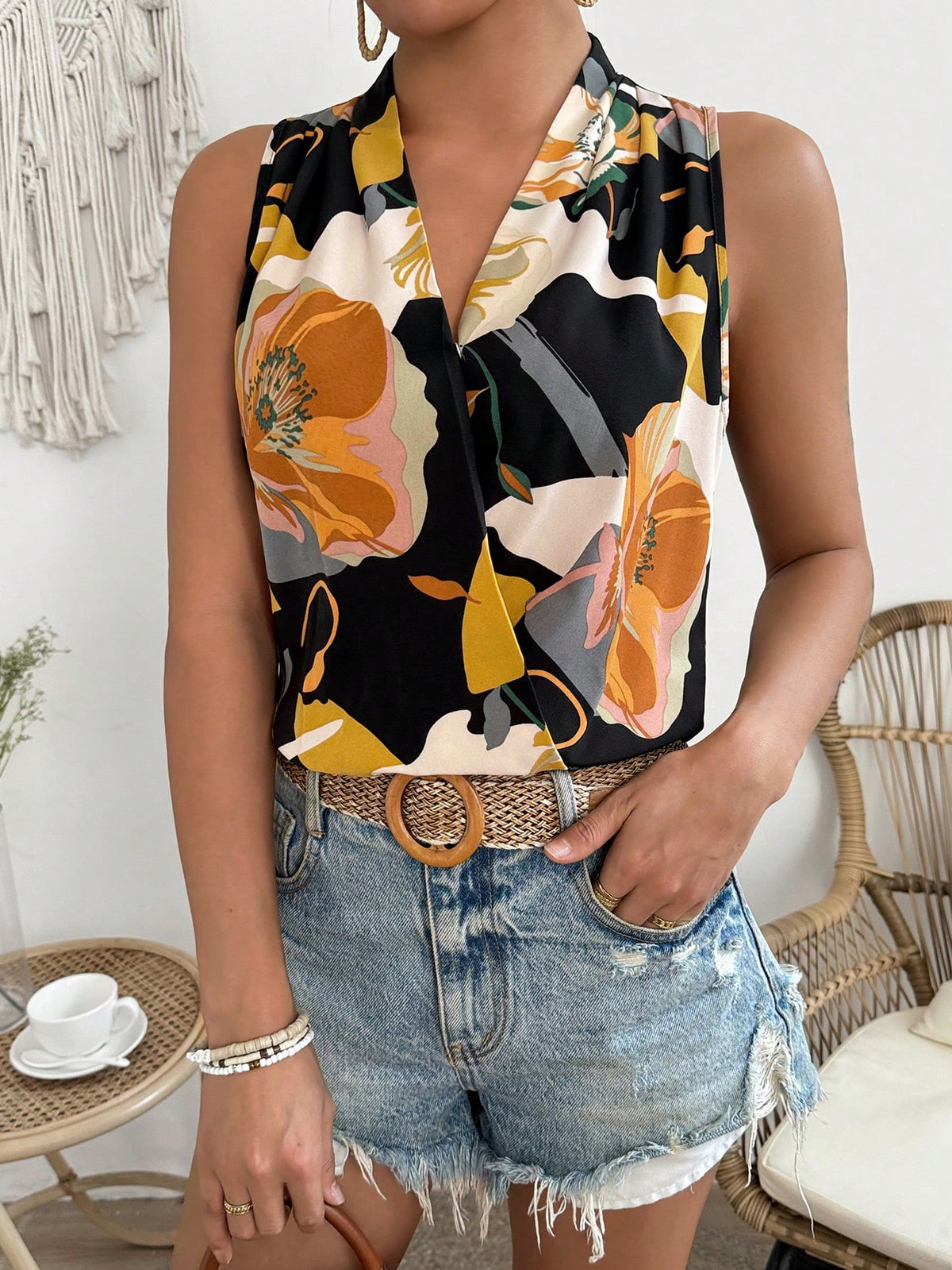 Flower Print Patchwork Wrap Bodysuit
