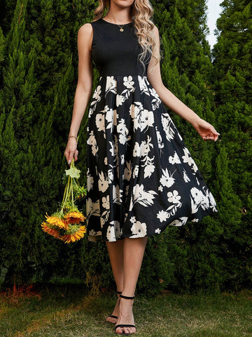 Flower Printed Patchwork Sleeveless Dress
