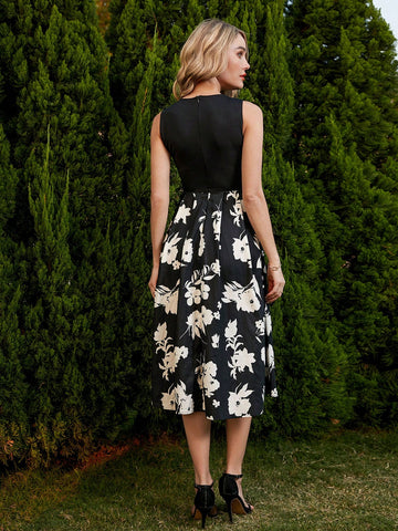 Flower Printed Patchwork Sleeveless Dress