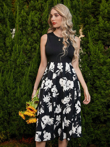 Flower Printed Patchwork Sleeveless Dress