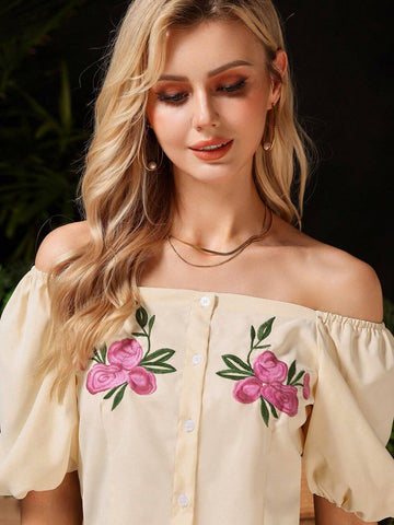 Frenchy French Elegant Embroidered Blouse With Square Neckline And Puff Sleeves